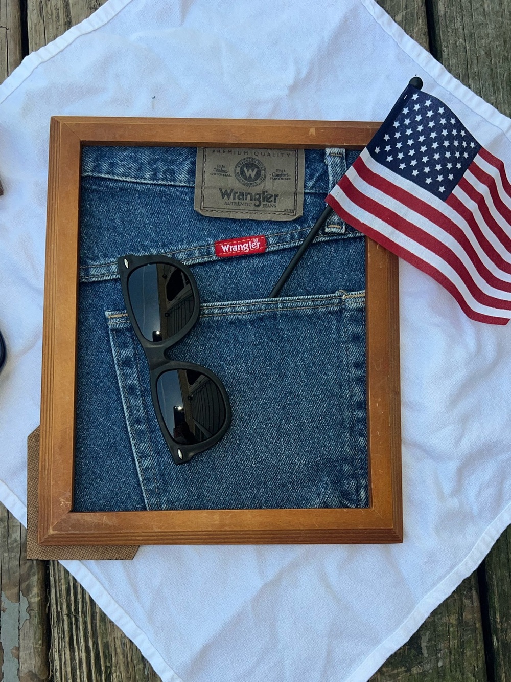 Wrangler Blue Denim Pocket Art with Black Sunglasses and American Flag